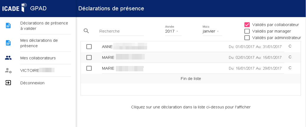Tableau de bord d'un manager : les déclarations des collaborateurs à valider